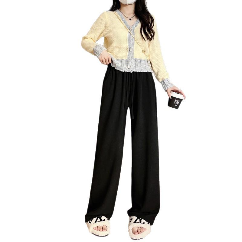 Women's White Drapey Velvet-Lined High-Waist Loose Wide-Leg Trousers - Autumn/Winter Collection