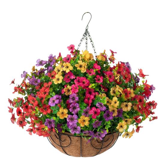 Künstliche Blumen Hängekorb Kunstblumen mit Eukalyptusblättern Hängepflanzer Enthält Blumen für Frühling Sommer Veranda Garten Terrasse