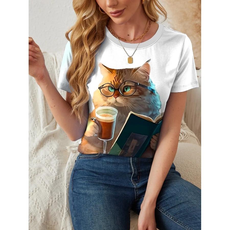 Damen Lustige Tier Katze Prints T-Shirts Kurzarm Tees Tops 3D Drucke O-Ausschnitt Shirt Sommer Lässig Damenbekleidung