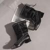 Square Toe Lace-Up Bow Pleated Fashion Boots Vintage Big Barrel Wrap Block Heel Stack Mid-Barrel Boots for Women