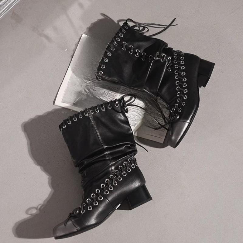 Square Toe Lace-Up Bow Pleated Fashion Boots Vintage Big Barrel Wrap Block Heel Stack Mid-Barrel Boots for Women