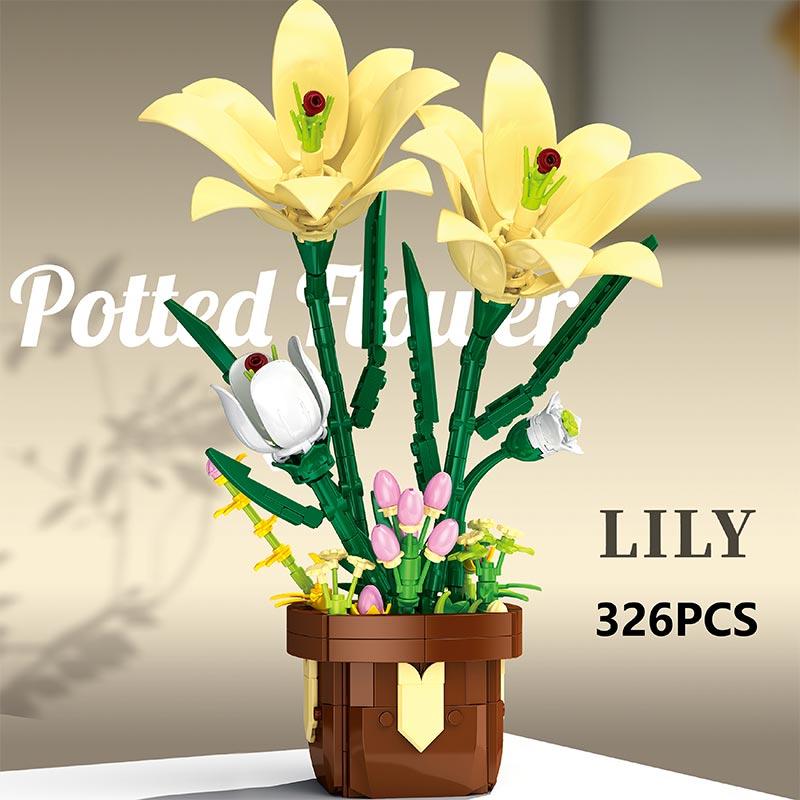 T1117-1120 Baustein Topfpflanze Blumenstrauß Orchidee Sonnenblume Rose Kleine Teile Zusammengebaut Schreibtisch-Dekorationen Kindergeschenke