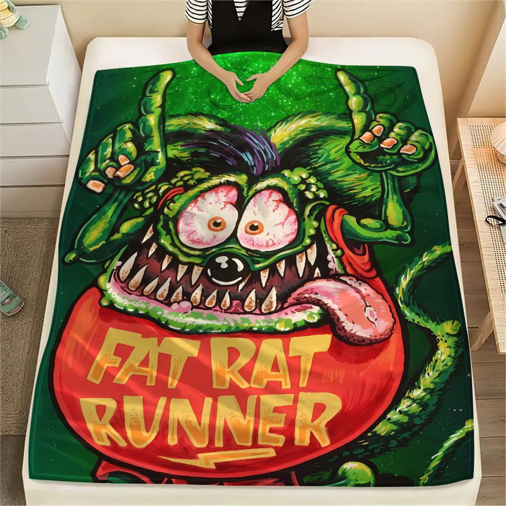 1Pc Rat Fink Print Flannel Blanket, High Quality Comfortable for All Seasons, Home Decor, Warmth and Comfort, Perfect for Christmas Gifts