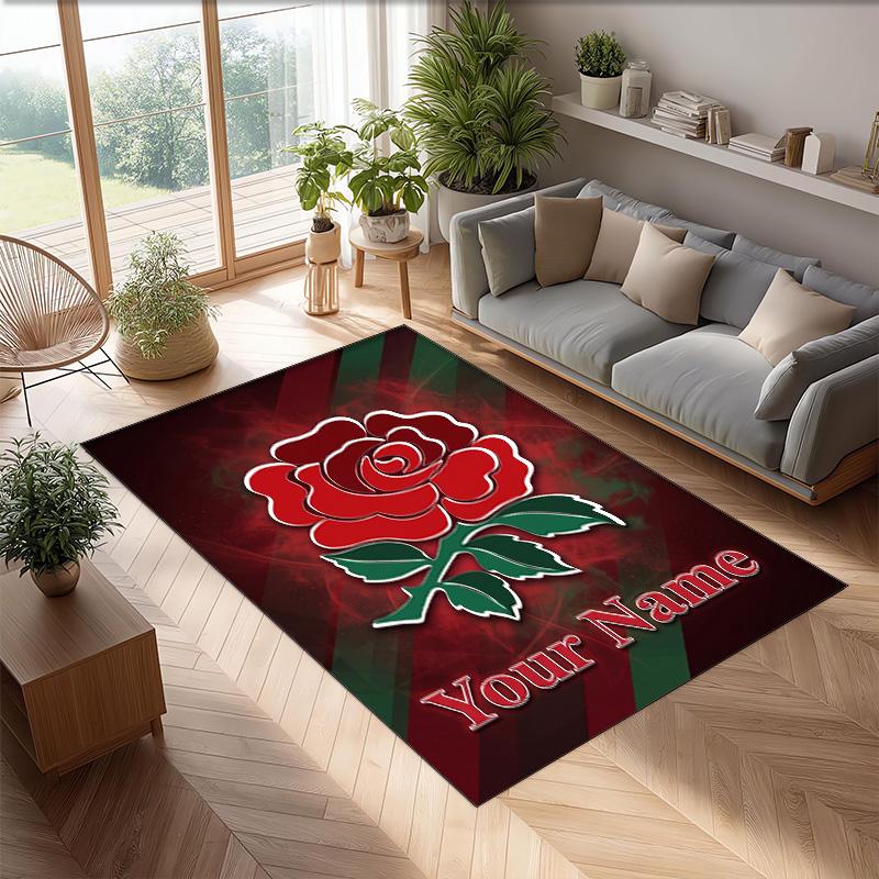 England Rugby Crystal Velvet Rug, Custom Name Text Personalized Non‑Slip Floor Mat for Home Decor Gift