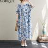 MODIQUE Sommer Übergröße Damen Locker Lässig Kurzarm Baumwolle Verlängerte Länge Druck Lange Kleider Weiblich Übergröße Kurzarm O-Ausschnitt Kleider Blau