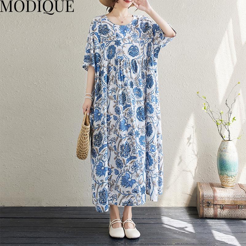 MODIQUE Sommer Übergröße Damen Locker Lässig Kurzarm Baumwolle Verlängerte Länge Druck Lange Kleider Weiblich Übergröße Kurzarm O-Ausschnitt Kleider Blau