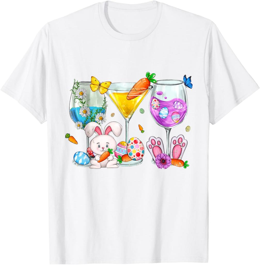 Easter Bunny Cocktail Glasses Wine Lover Martini Graphic T-Shirt Casual Daily Crew Neck Tee