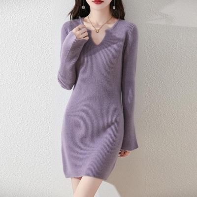 Women Sweater Dress 100% Wool V-neck Knit Long Pullover Winter Jumpers Wool Long Dress Female