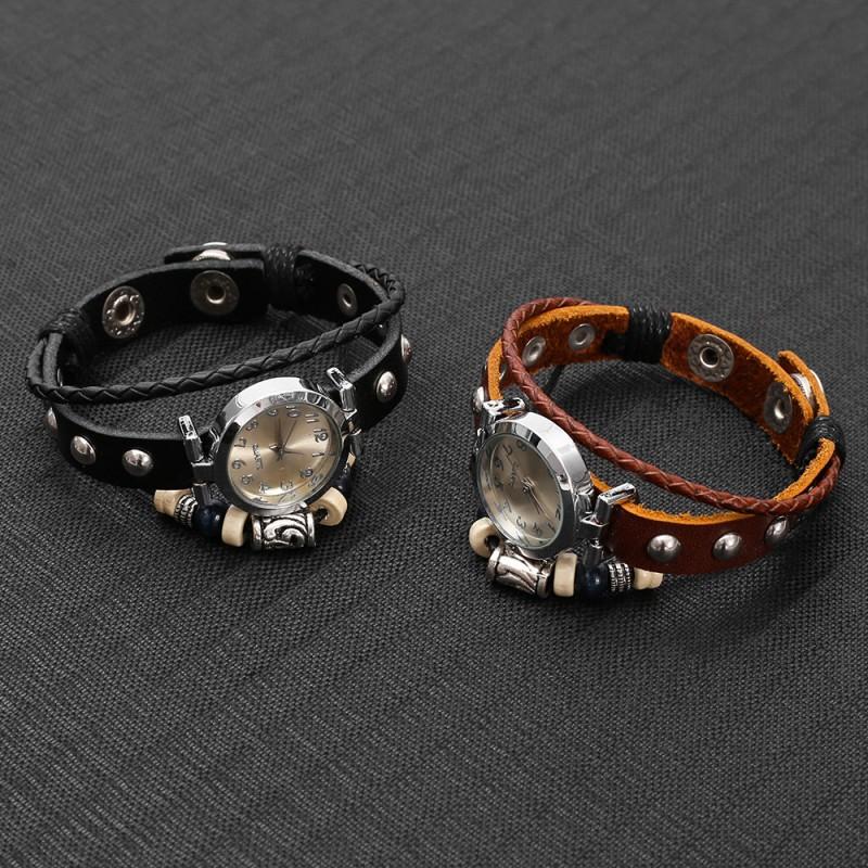 Vintage Leather Mens Wristwatch Punk Style Quartz Watch With Pull-Through Buckle Black Brown