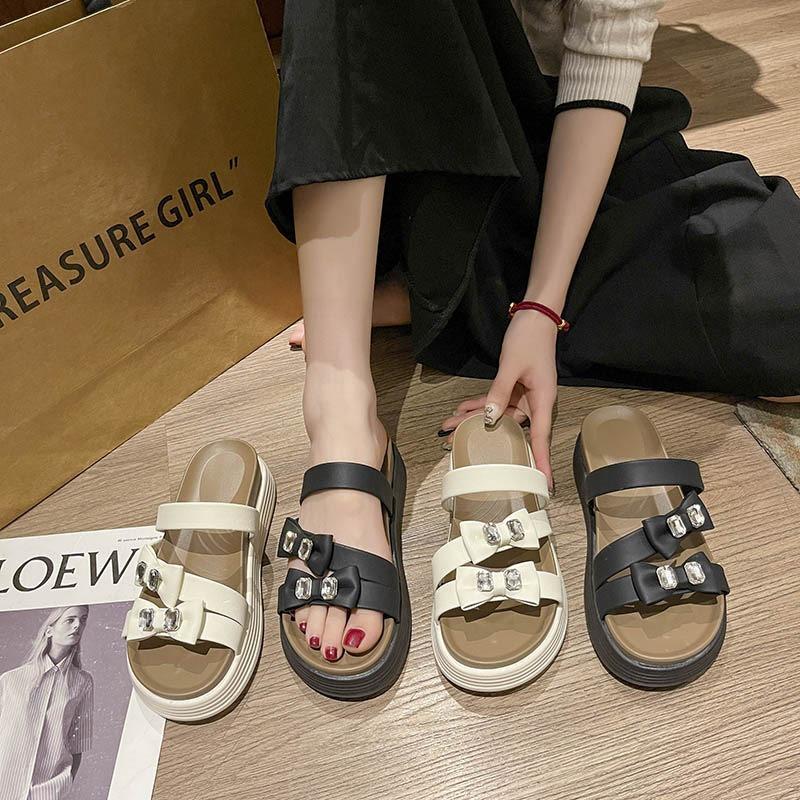 Thick-soled slippers wear summer new bows with skirts, comfortable one-word sandals, large size.