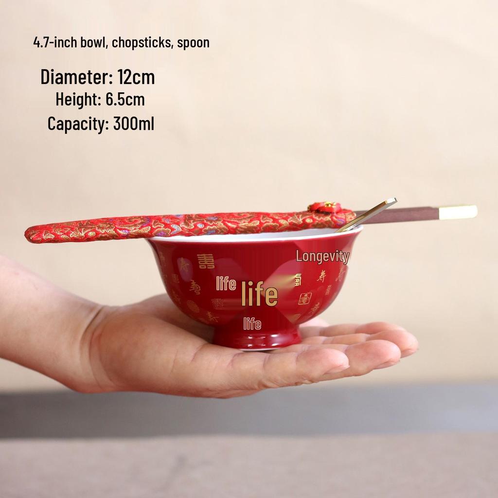 Underglaze Porcelain Longevity Bowl Set with Chopsticks & Spoon - Ideal Gift for Grandma's Birthday