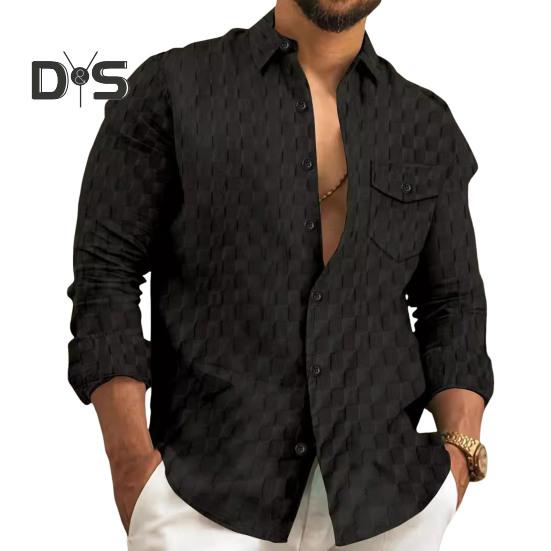 

Осенне-весенняя мужская рубашка с отложным воротником на пуговицах, длинными рукавами, свободная клетчатая аппликация с нагрудным карманом, повседневная деловая нижняя часть топа M чёрный