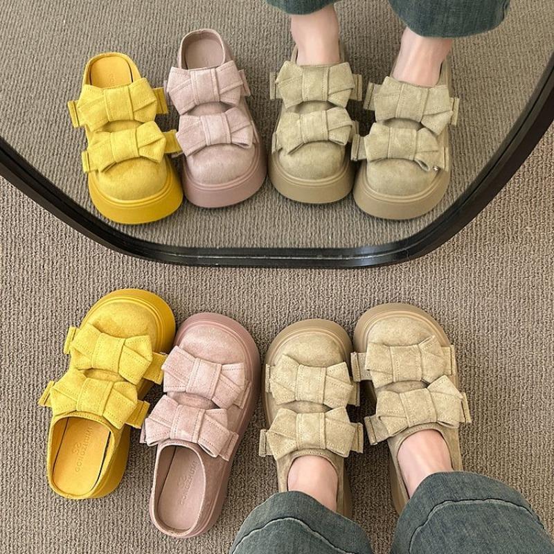 Fashion 2025 New Round Head Waterproof Table Slipper Women's Fashion Wrap Head Deep Mouth Flannelette Butterfly Knot Non-slip Flat Shoes