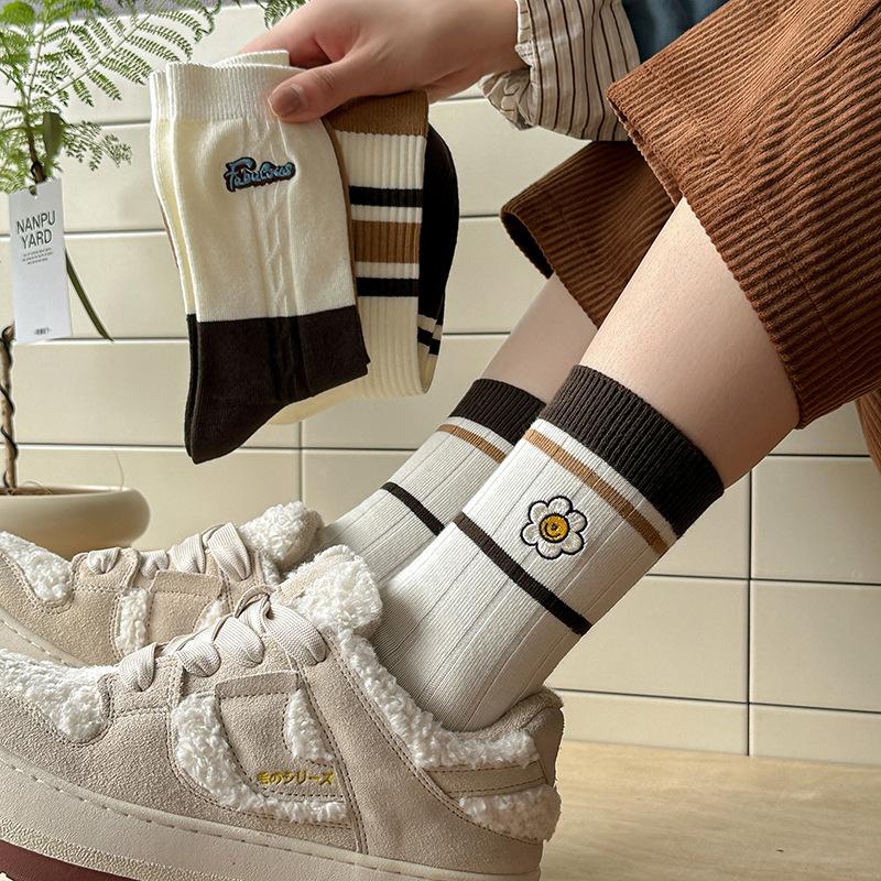 Female Spring and Autumn Pure Color Cotton Striped Embroidered Small Flower Boneless Long Tube Stack Socks