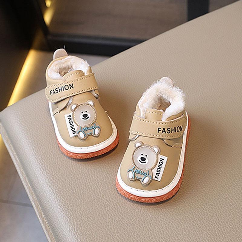 Squeaky Booties for 0-2 Years Old Fleece-Lined Thickened Baby Shoes with Soft Soles, Unisex Animal Graphic First Walkers