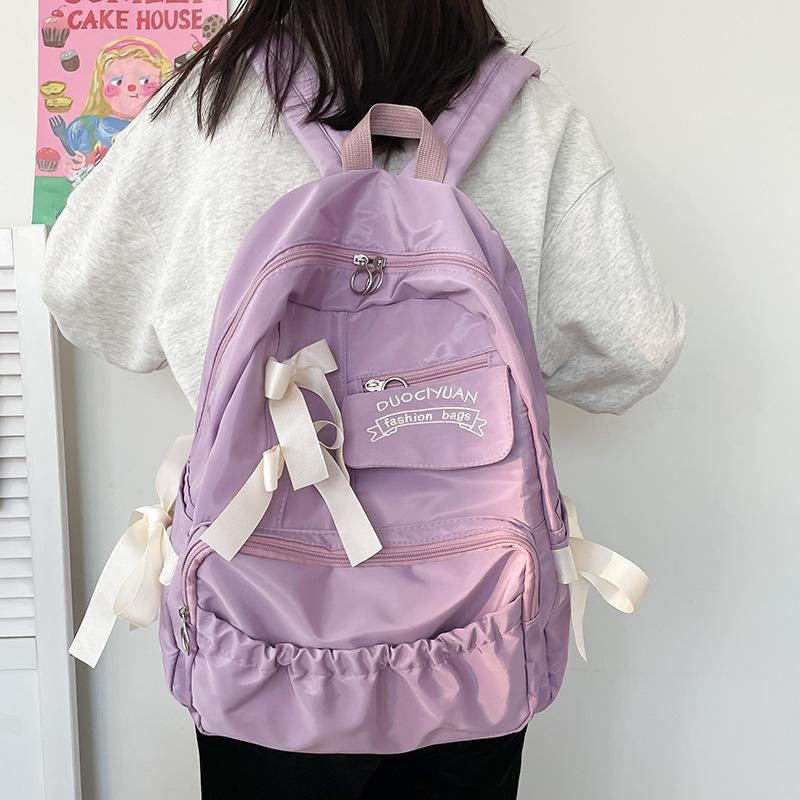 Sweet Bowknot College Student School Bags Contrasting Color Nylon Backpack for Junior High School Student Large Capacity Teenager Girl Shoulders Bag
