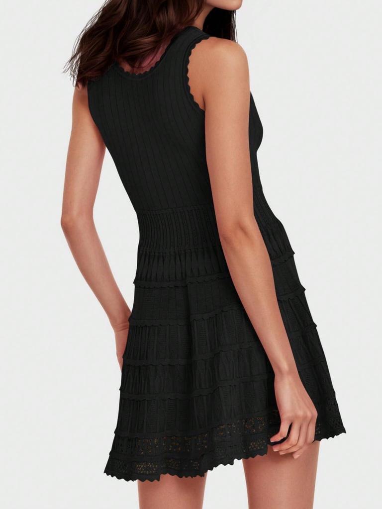 Women's Summer Tank Mini Dress Crew Neck Crochet Hem Flowy Knit Dress