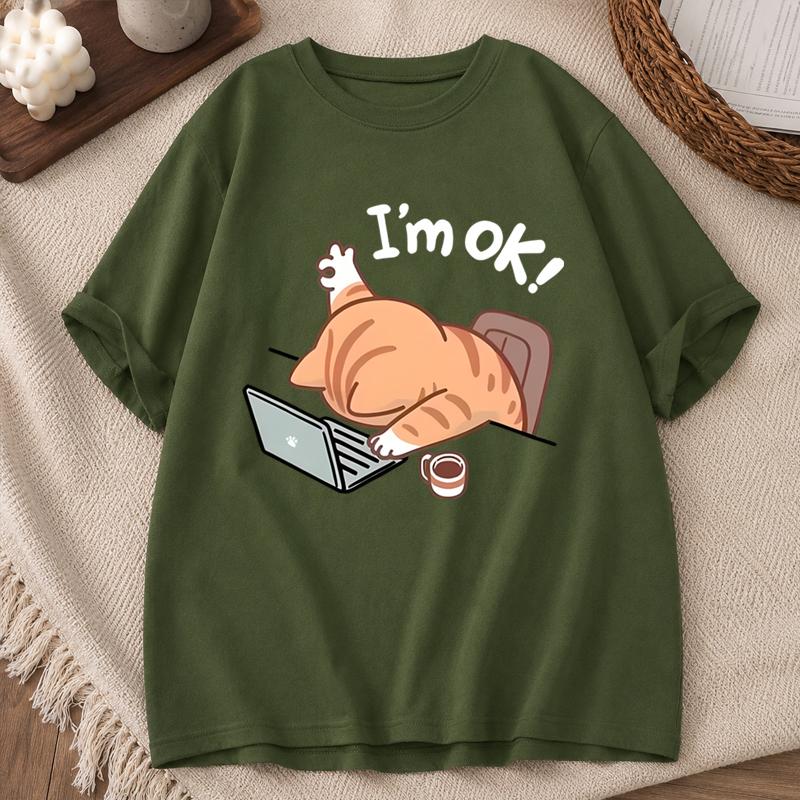 Unisexs Unisexs Cute Im OK Cat Graphic TShirt Casual Round Neck Short Sleeve Tee Cartoon Cat Design Print Tee Shirt