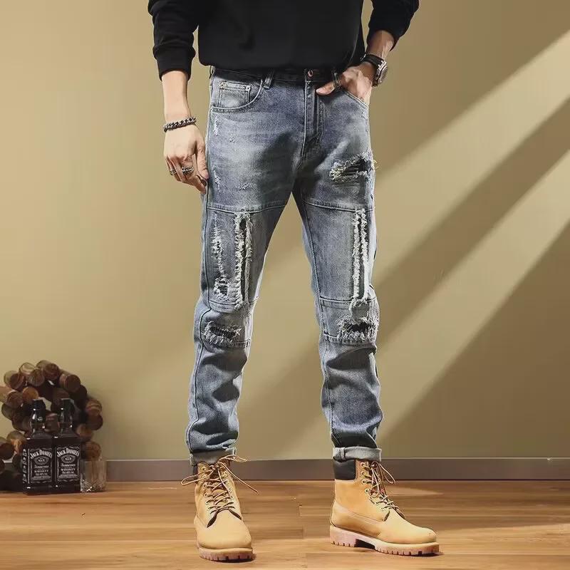 Men's Slim-Fit Light Blue Ripped Jeans - Trendy Spring & Autumn Style
