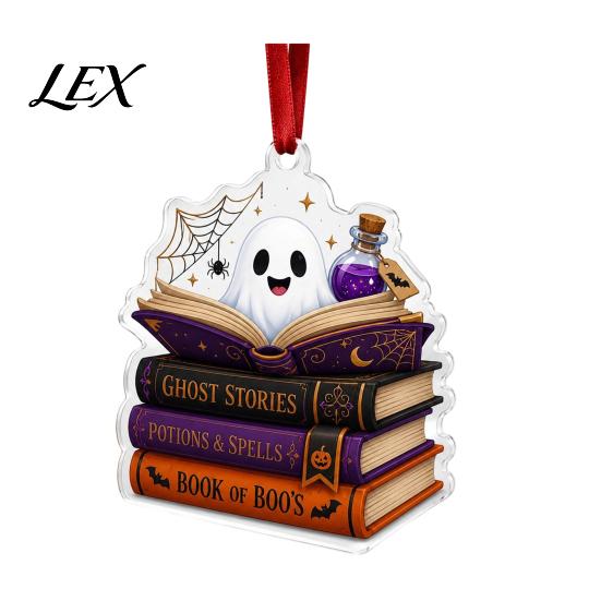 Reading Themed Window Hanging Halloween Ghost Ornament, Acrylic Holding Book Pumpkin Bookshelf Ornaments Black Cat Mummy Decor, 2D Cartoon Bookish