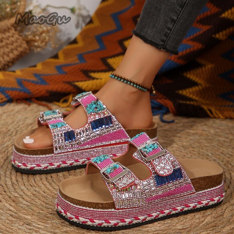Slip On Women Summer Footwear Thick Bottom Women's Fashion Slippers Rhinestone Beads Decor Beach Slippers Sandalias De Mujer