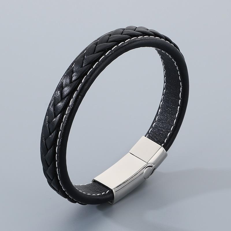 Kalen Vintage Braided Leather Bracelet Stainless Steel Clasp Punk Flat Leather Magnetic Clasp Bracelet Trendy Men