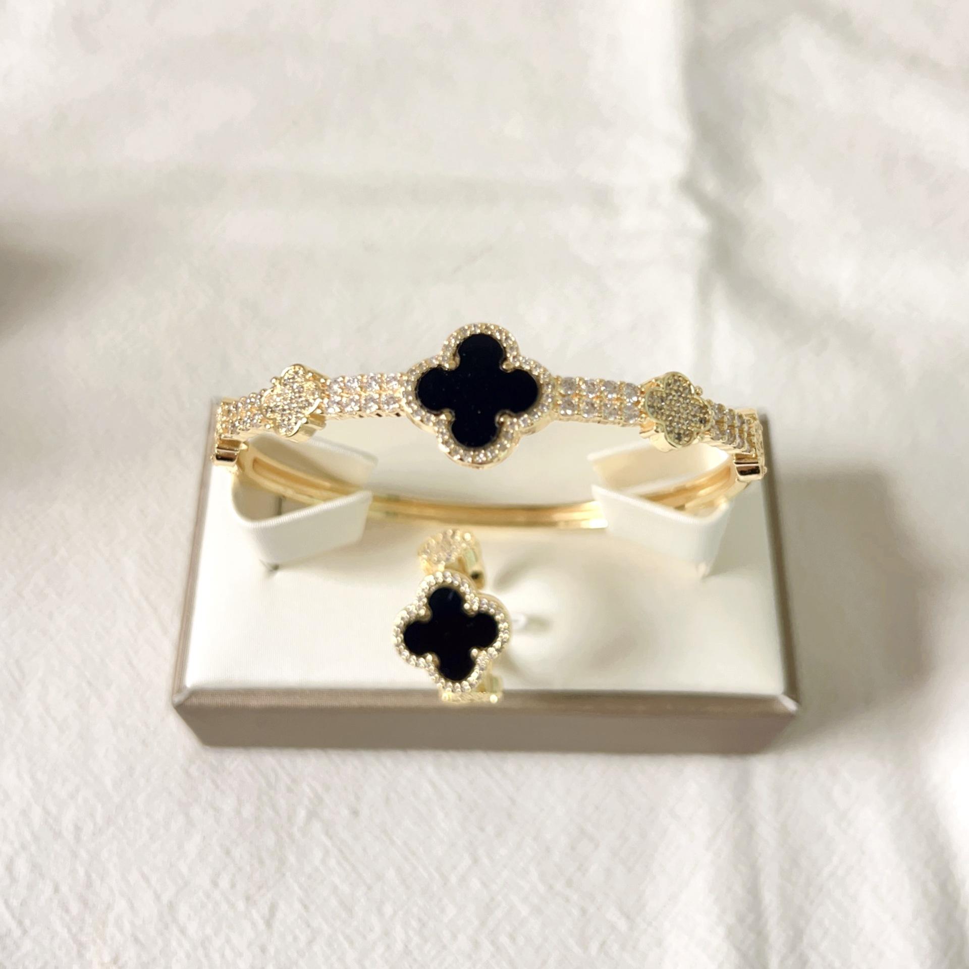 2 шт. Новый браслет-кольцо с микроинкрустацией цирконами, клевер, с регулируемым высокоцветным медно-платиновым покрытием 18к, настоящее золото, мода bracelet+ring