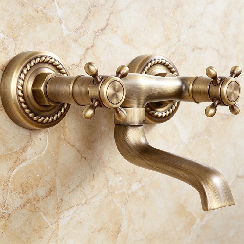 Vintage Copper Wall Mounted Kitchen Faucet - Double Handle Hot & Cold Water Mixer Tap for Home & Bathroom