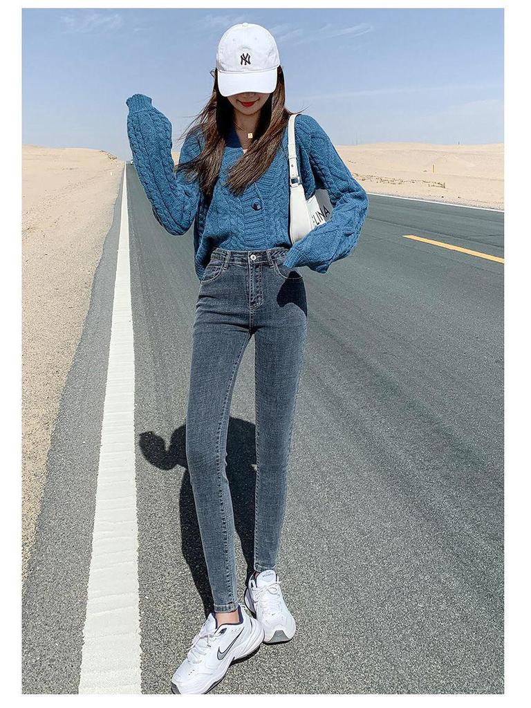 Women's Plus Velvet Slimming Stretchy Pencil Jeans - Skinny Fit, Tall-Looking, Versatile for Autumn/Winter 2021