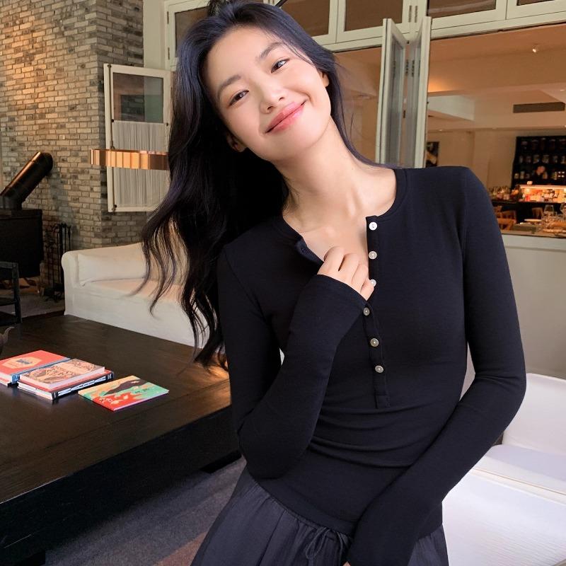 Apricot Henley Long Sleeve T-shirt Women's Slim Fit Bottoming Shirt Autumn New Early Autumn T-shirt