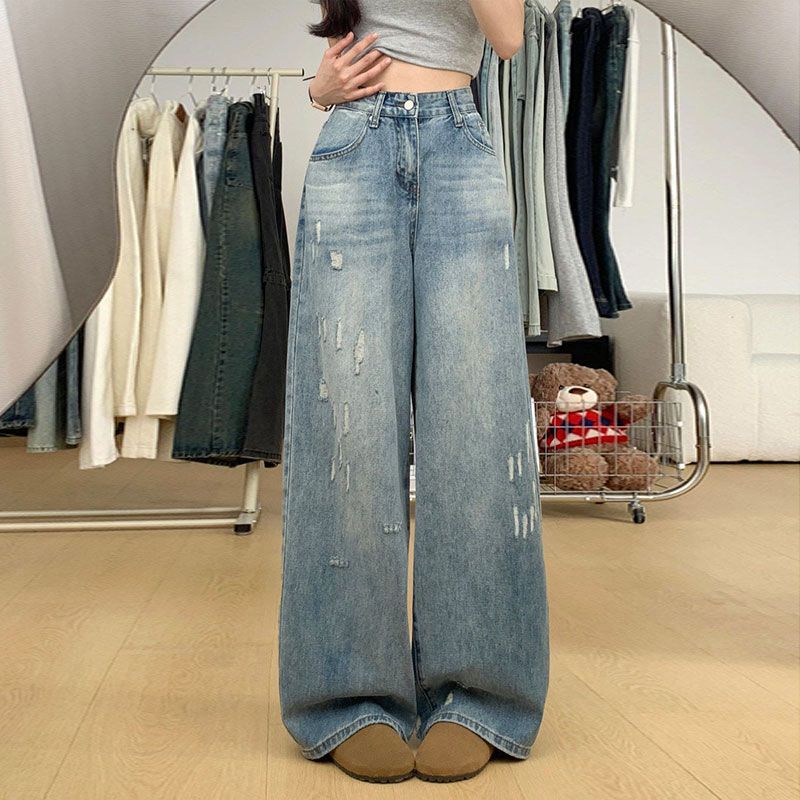 

Удобное покрытие промежности, рваные джинсы с широкими штанинами, женские, год весна, большие размеры, высокая посадка, свободные, тонкие, прямые брюки, джинсы для женщин, длинные джинсовые брюки 4XL