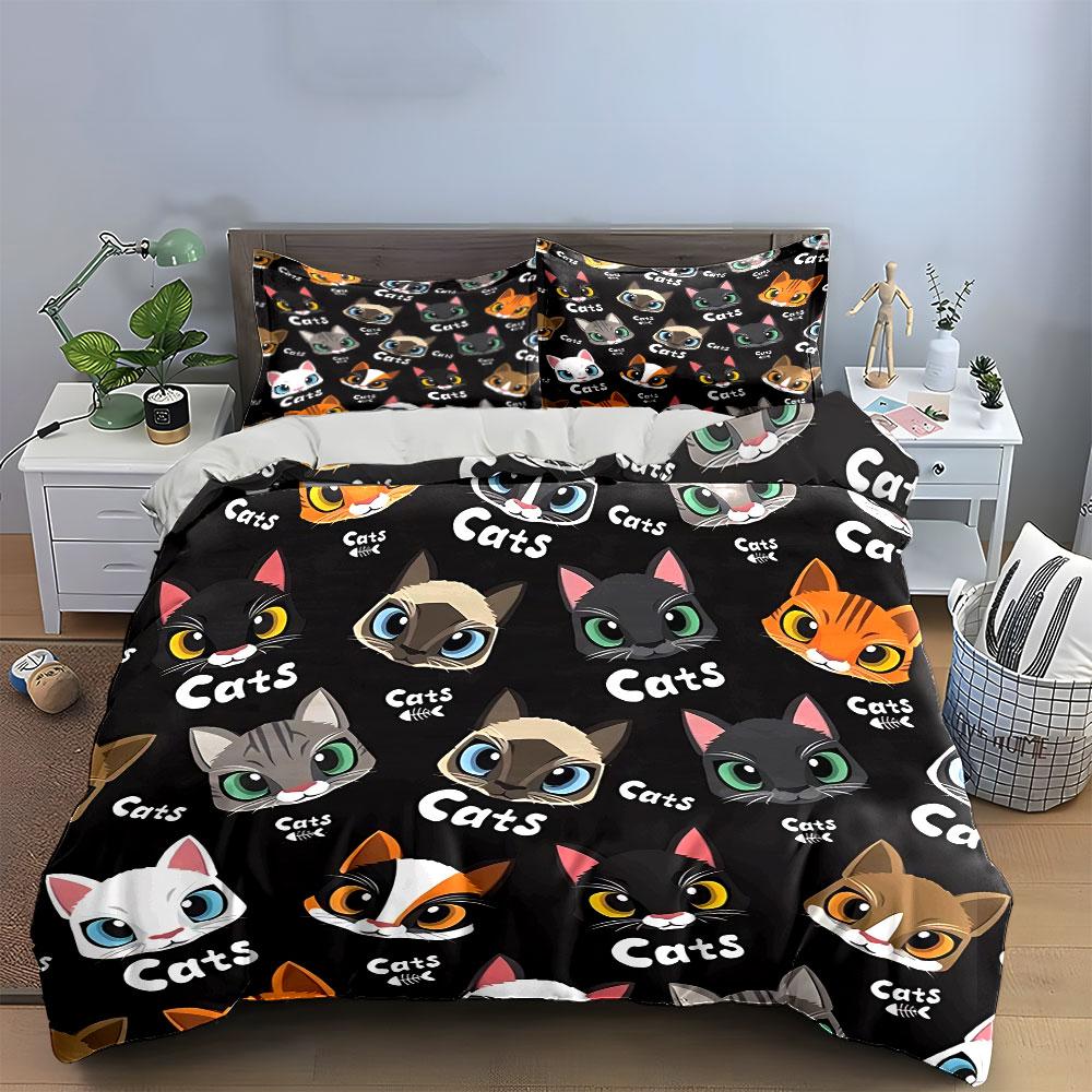 Cute Cartoon Cats Pattern Bedding Duvet Cover Set Duvet Cover Pillowcases (1*Duvet Cover 2*Pillowcases, Without Duvet Insert)