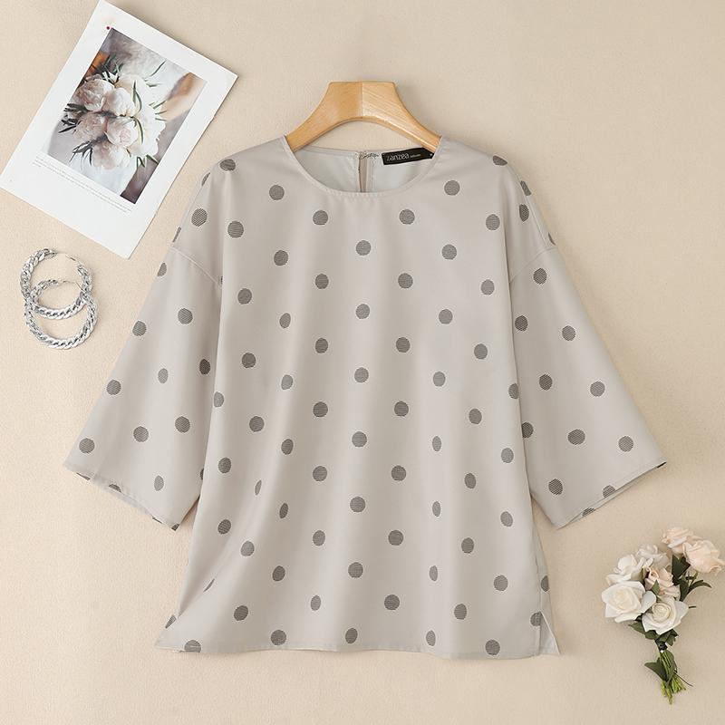 ZANZEA Women Casual Round Neck 3/4 Sleeve Loose Polka Dot Print Blouse