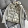Chaqueta Acolchada de Plumón de Pato Blanco para Mujer Otoño Invierno Tejido de Punto Patchwork con Capucha con Cordón Cálida Ligera