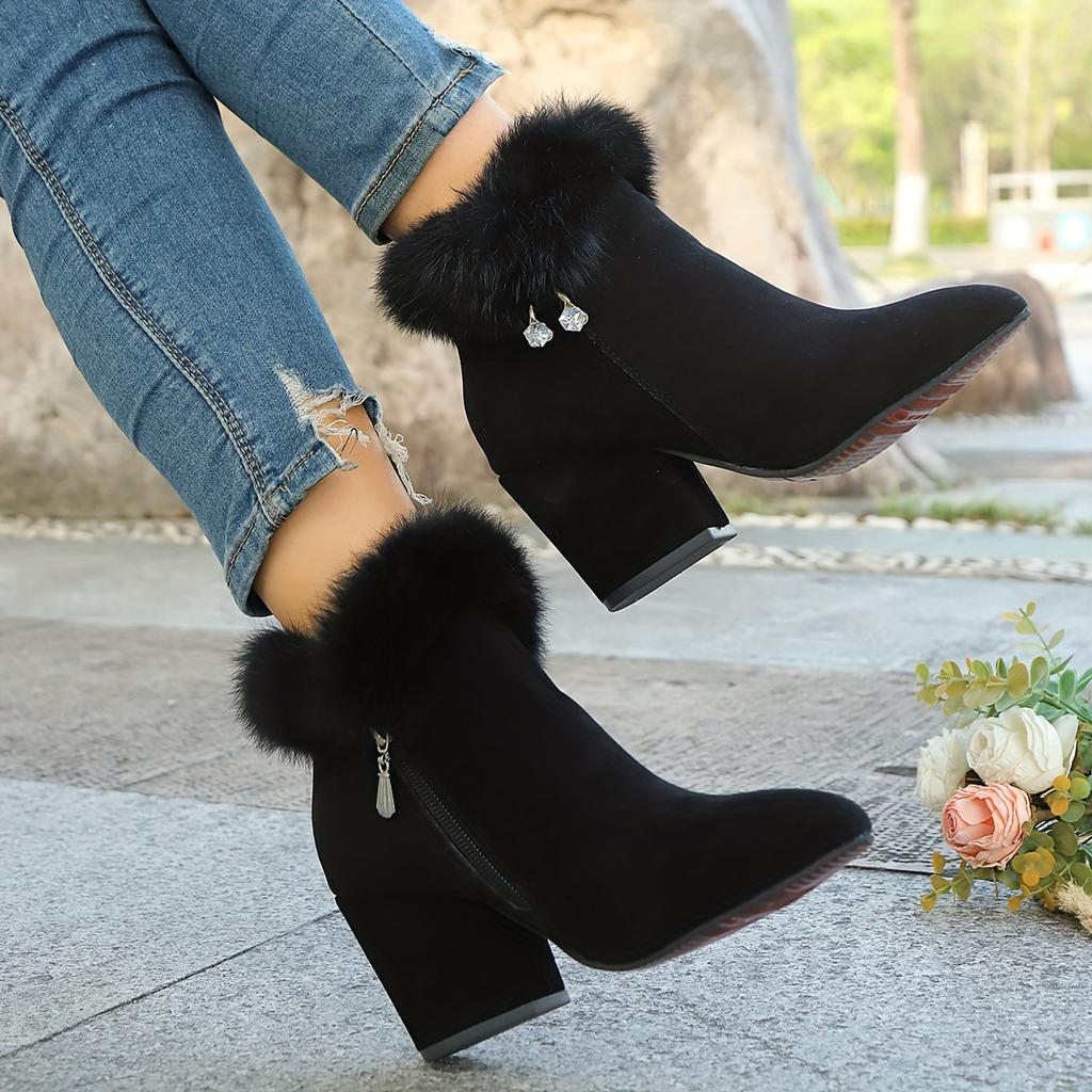 New Padded Martin Boots Women's Cotton Boots 2025 New Large Size Pointed Head Rhinestone Fur Short Boots