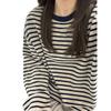Korean Oversized Striped Crewneck Sweatshirt for Women - Casual Long-Sleeve T-shirt for Spring/Autumn.