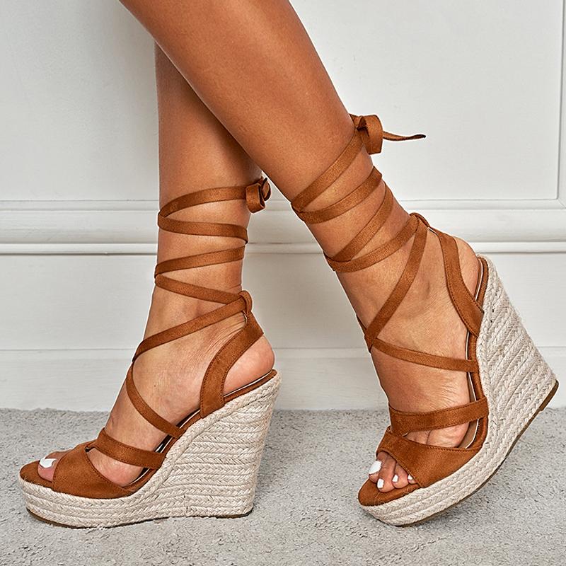 Moda Liyke Moda Sandali Zeppa Estivi con Lacci Donna Punta Aperta Corda di Paglia Intrecciata Piattaforma Fondo Spesso Tacchi Alti Scarpe Eleganti da Donna