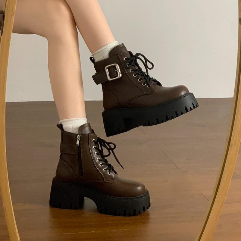 Women's High Heel Ankle Boots Round Head Square Heel Side Zip Women Boots Belt Buckle Four Seasons Leisure Smooth Fashion Shoes