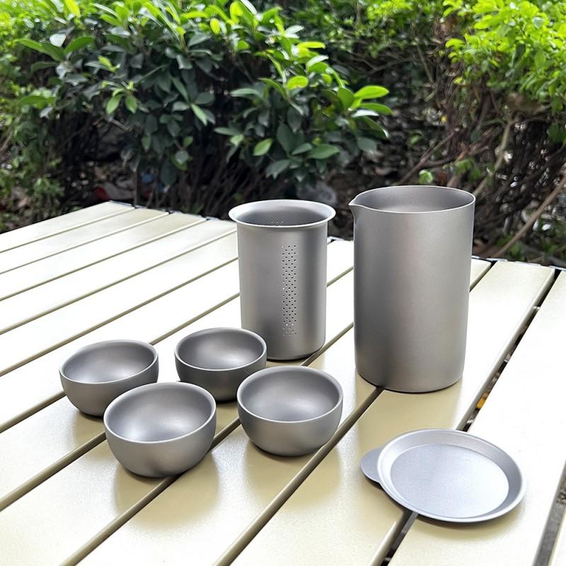 Portable Titanium Tea Set 8-Piece Camping Travel Kit With Canister 4 Cups Modern Minimalist Outdoor Gear