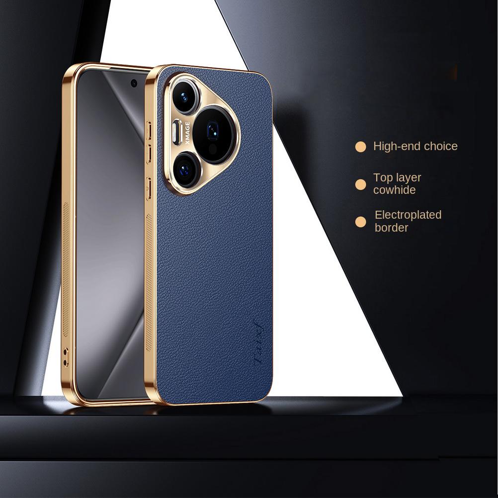 

First Layer of Cowhide Lychee Texture Electroplated Frame Case For Huawei Pura 80 Ultra 70 Pro P60 P50 Mate 70 Pro + 60 50 Cover For Pura 80 Ultra