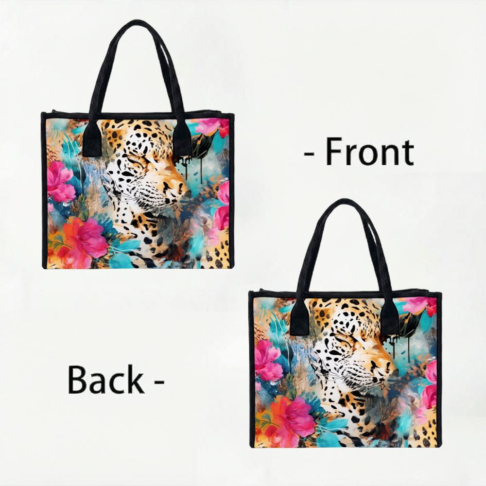 Watercolor Leopard Floral Print Large Tote Bag Fashion Casual Daily Shoulder Handbag