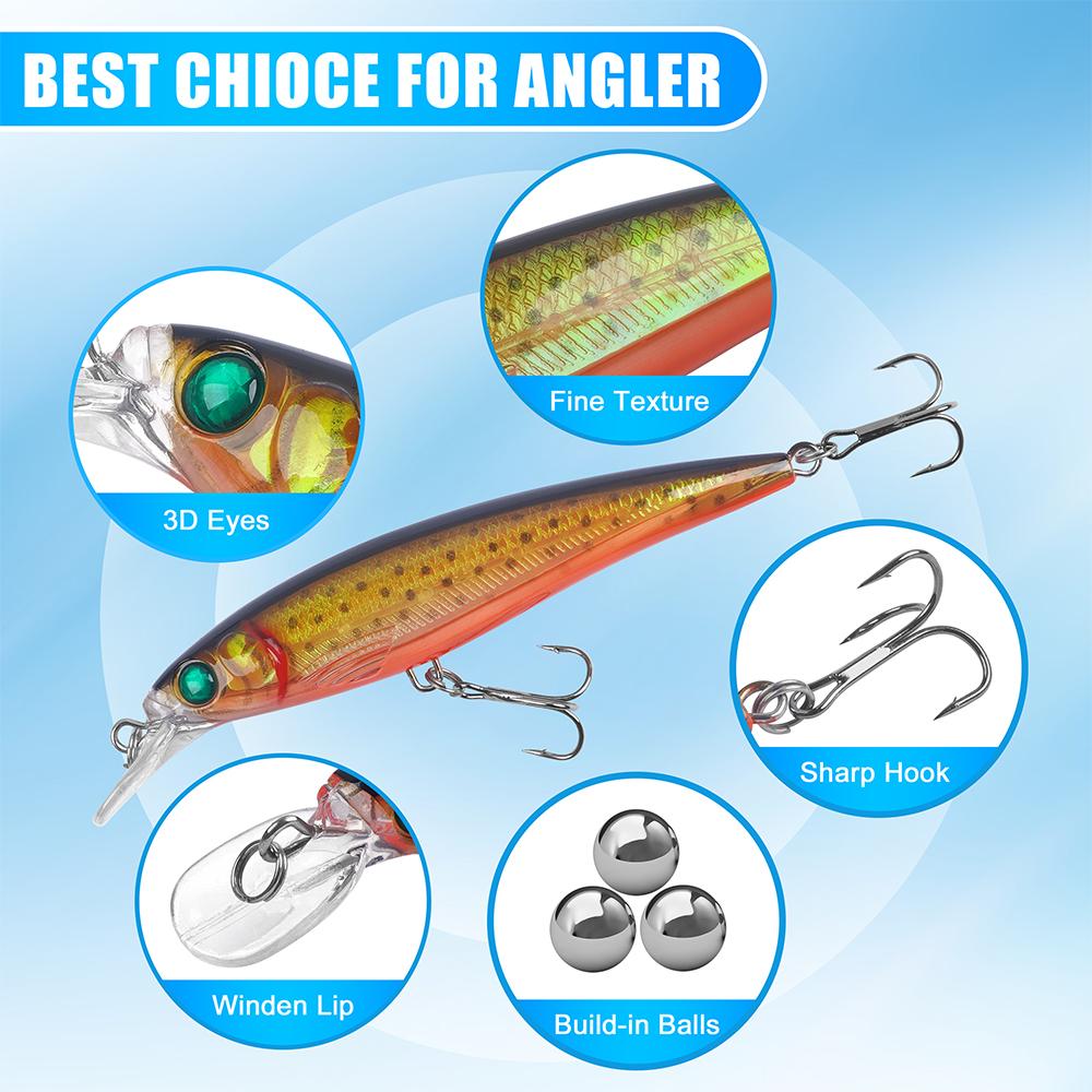 10Pcs Fishing Lures Hard Bait Minnow Swimbait Crankbait Jerkbait Popper Topwater Lures with Treble Hooks for Bass Trout Walleye