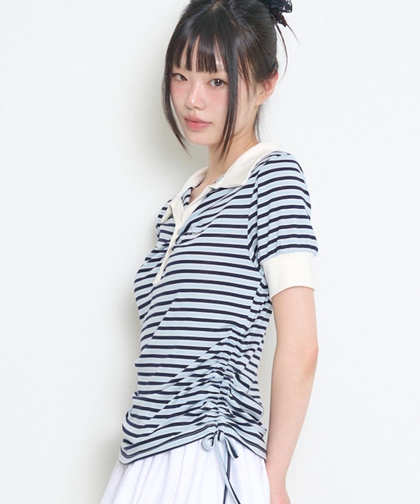 ILLIGO Striped Shirred Collared Tee Sky