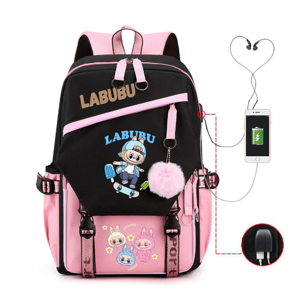 Labubu printed student schoolbag multi-function large capacity backpack with USB port