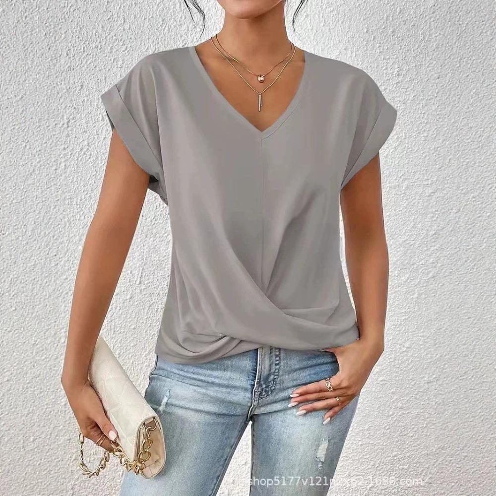 Summer Solid-color Fitted V-neck Women's Short-sleeved T-shirt