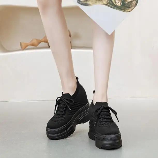 Fashion 11cm Air Mesh Sock Knitted Platform Wedge Comfy Women Sandals Slides Summer Flats Hollow Chunky Sneaker Breathable Shoes New