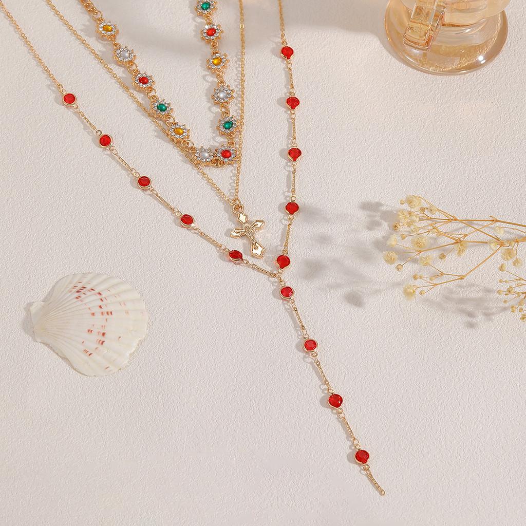 Kreuz Halskette Geometrischer Legierung Anhänger Mehrschichtige Kette Für Frauen Sommer