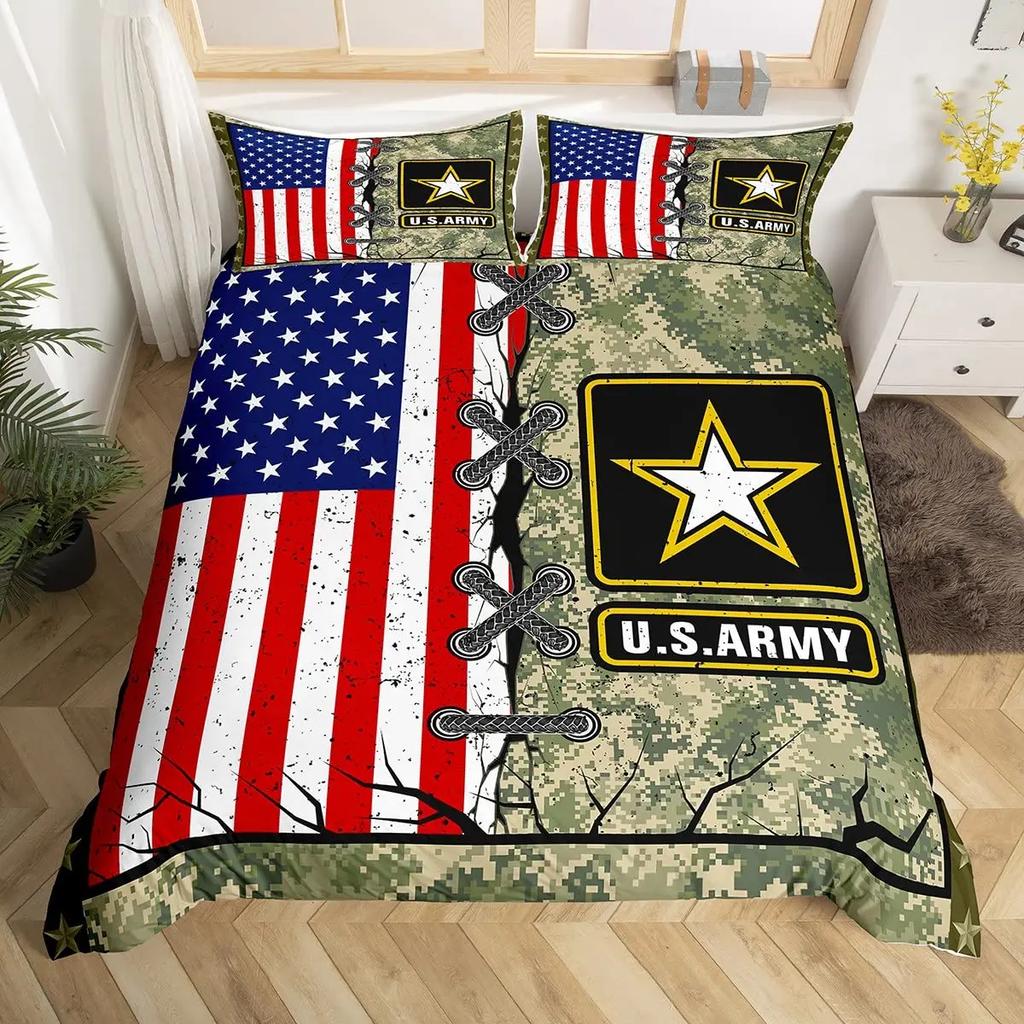 Boys Army Green Duvet Cover Set Full King Size,Classic Camouflage Bedding Set,USA Soldier Silhouette Comforter Cover Quilt Cover
