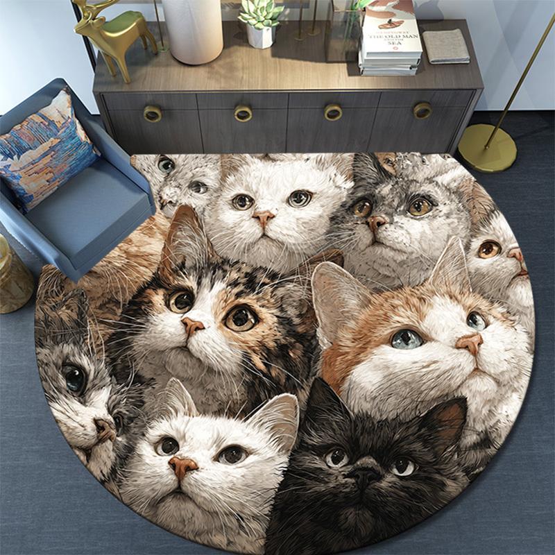 Curious Cat Round Area Rug,Carpet Rug for Living Room Bedroom Sofa Playroom Decor,Non-slip Floor Mat