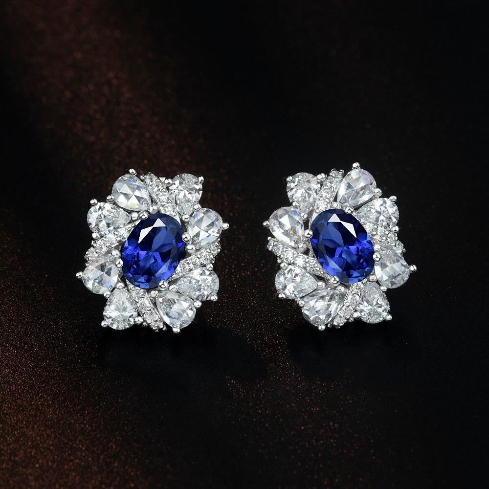 WUIHA Vintage 925 Sterling Silver 6 * 8 MM Sapphire Ruby Emerald High Carbon Diamonds Gemstone Ear Studs Earrings Fine Jewelry